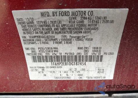2013 Ford Taurus Sel from USA, damaged, VIN 1FAHP2E81DG187454
